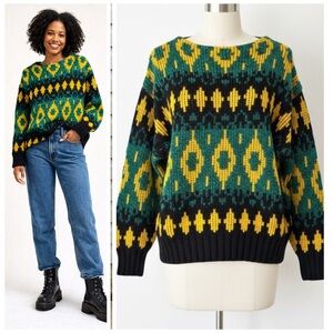 Vintage 80s 90s Geo Knit Sweater Green Yellow Black Retro Chunky Pullover Size M